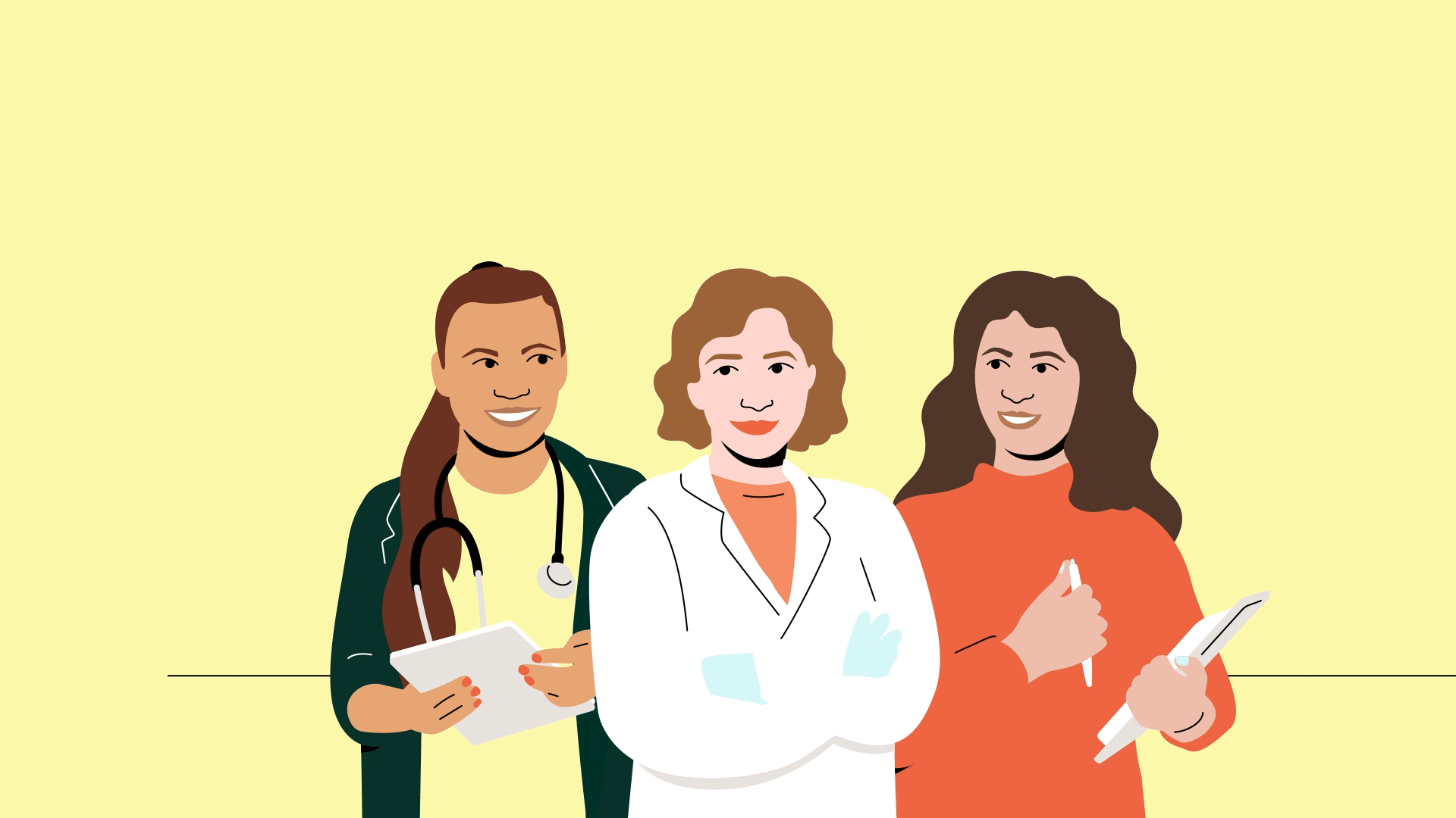 Three illustrated women working and science before yellow background, animated