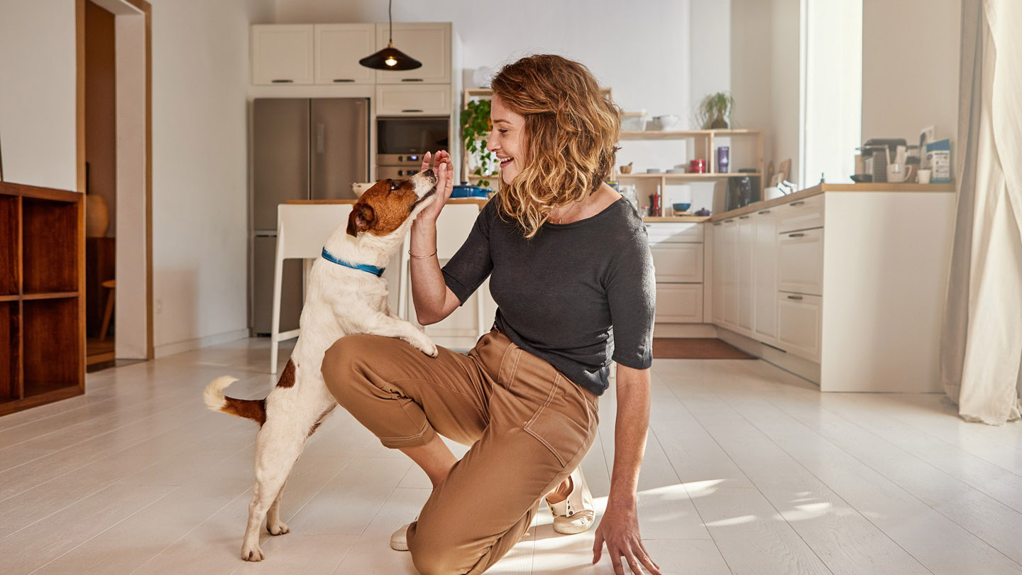 Woman playing with dog in the kitchen
