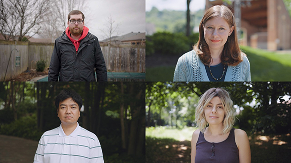 A collage of four images, each a different person looking directly at the camera