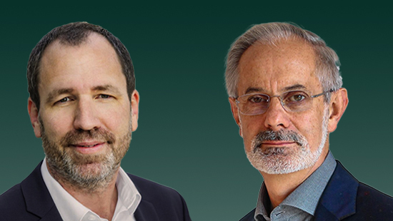 Collage of two headshots from two men in front of a dark green background