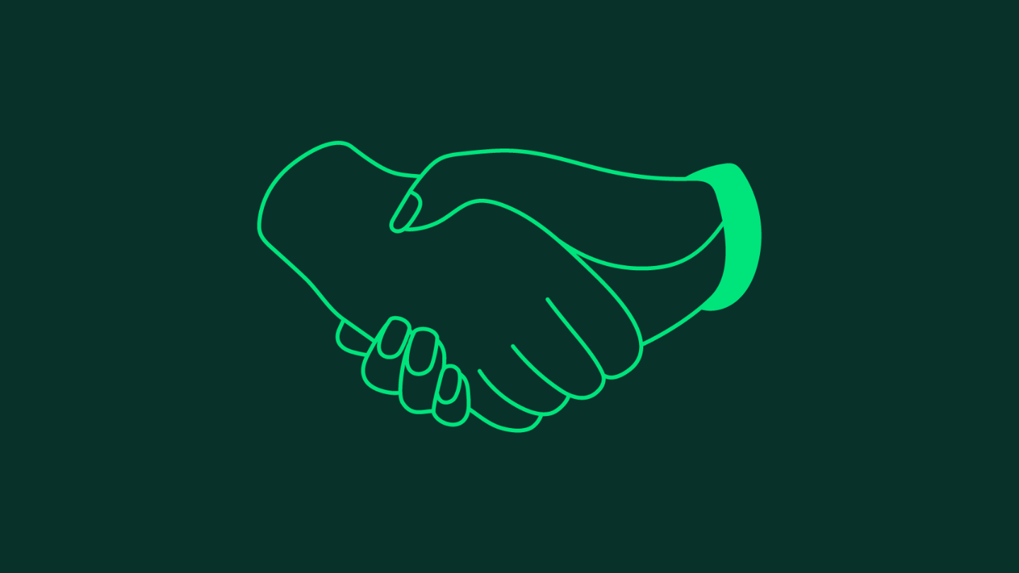 An illustration of a hands shaking. The hands are in a light green with a dark green background. 