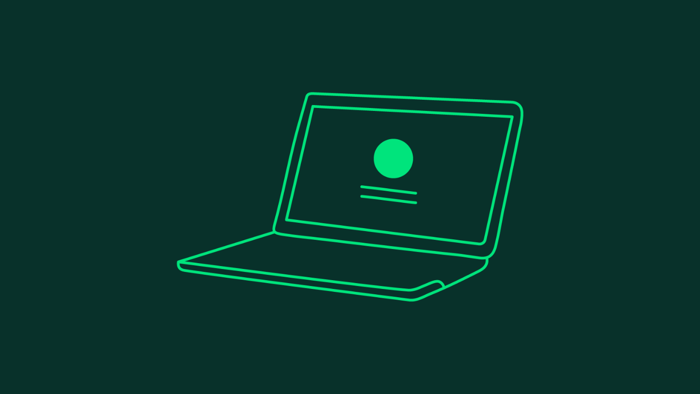 An illustration of a laptop outlined in light green on a dark green background. 