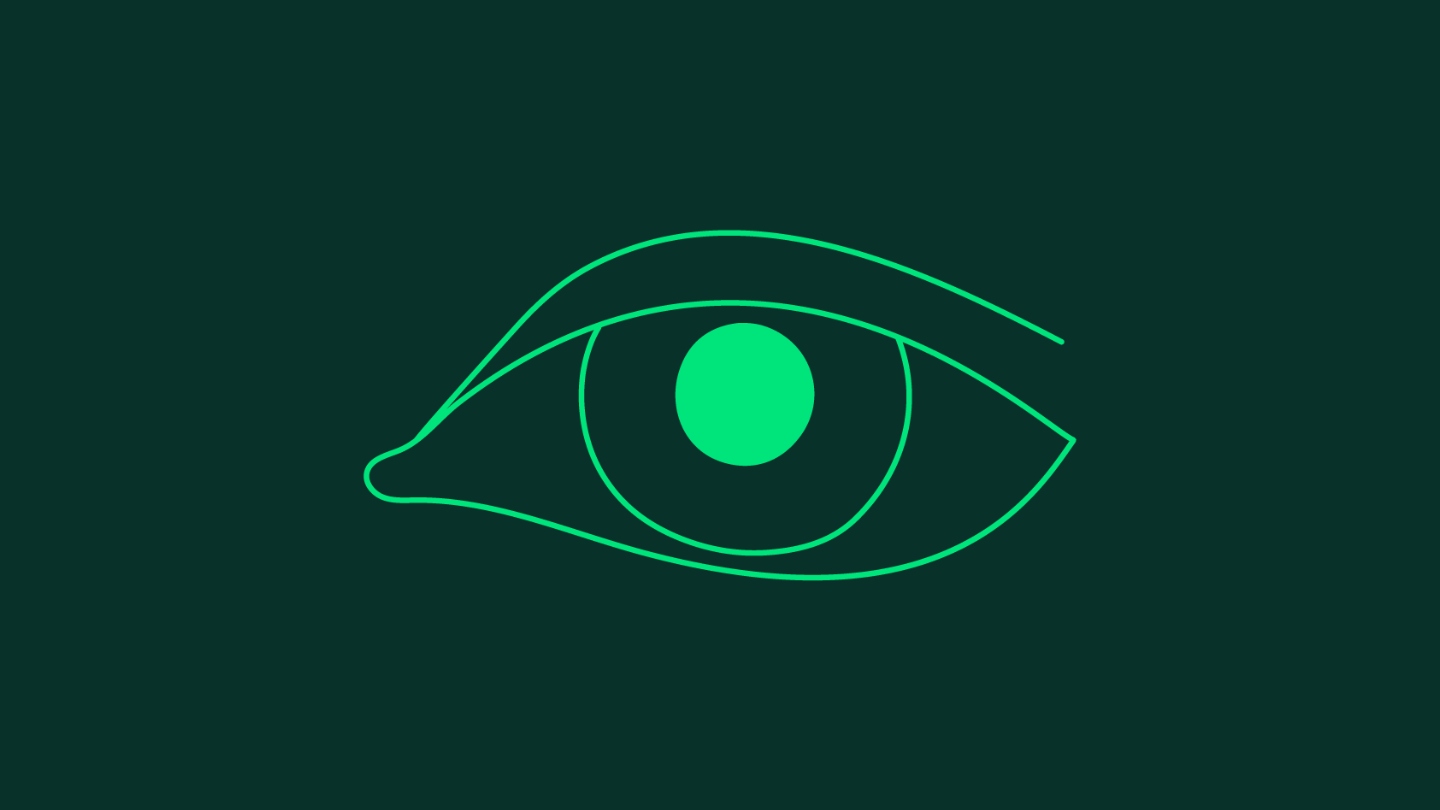 An illustration of an eye in accent green and a dark green background